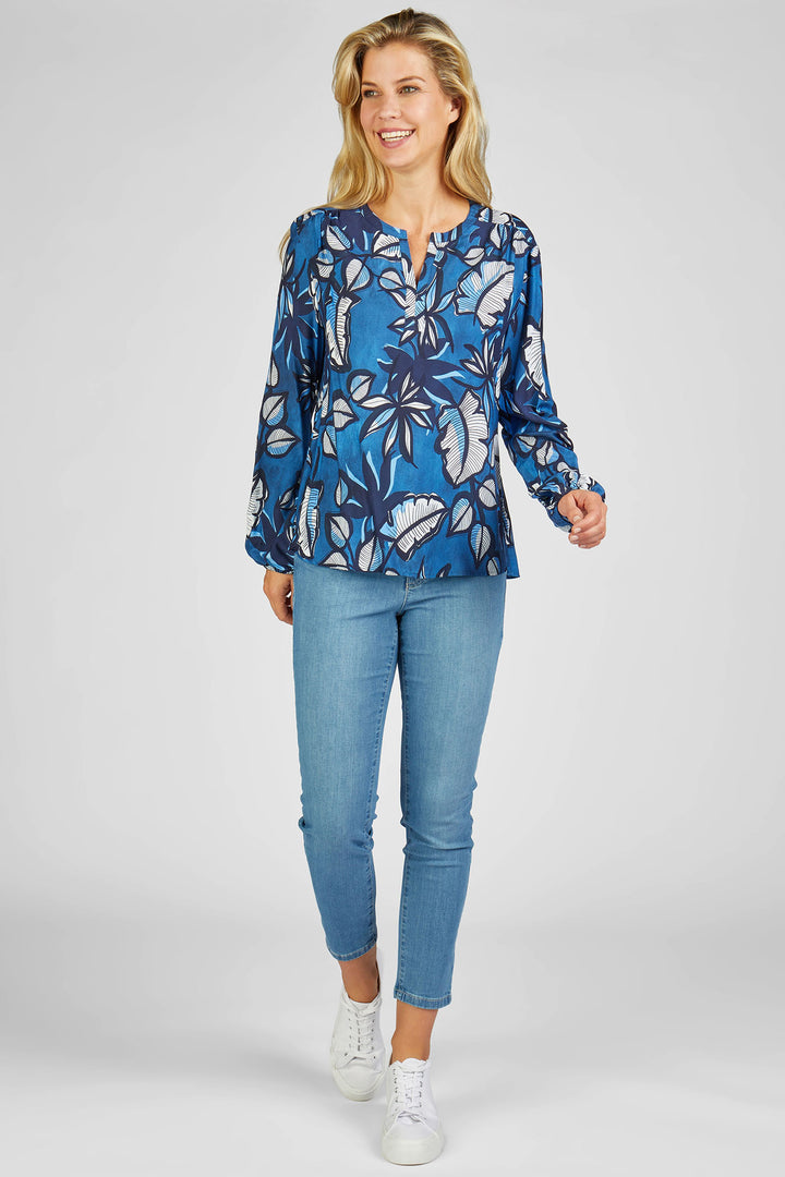 Rabe 52-211100 2377 Blue Floral Print Split Neck Top - Shirley Allum Boutique