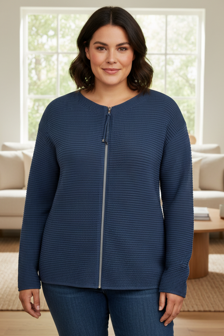 Rabe 52-211522 2377 Blue Ribbed Knit Zip Front Cardigan