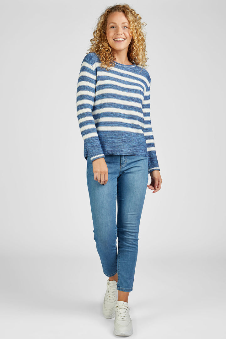 Rabe 52-211602 2377 Blue Melange Stripe Curl Neck Jumper - Shirley Allum Boutique