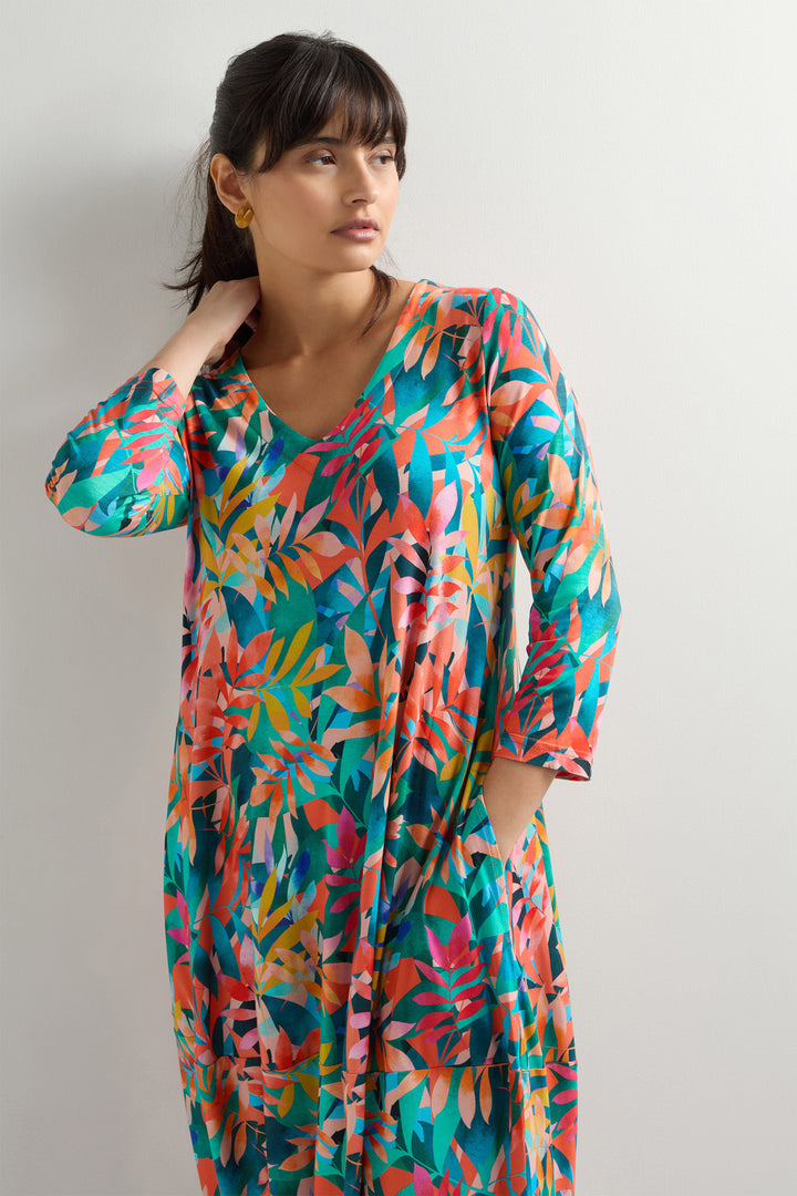 Sahara Bubble Dress Tropical Leaves Jersey Multicolour SPD5534-TLM - Shirley Allum Boutique