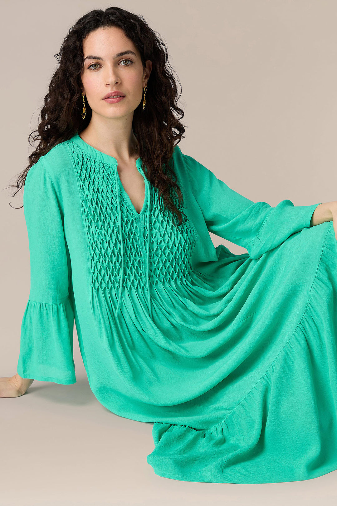 Sahara GRD 5581 MOD Emerald Green Morrocain Smocked Dress - Shirley Allum Boutique