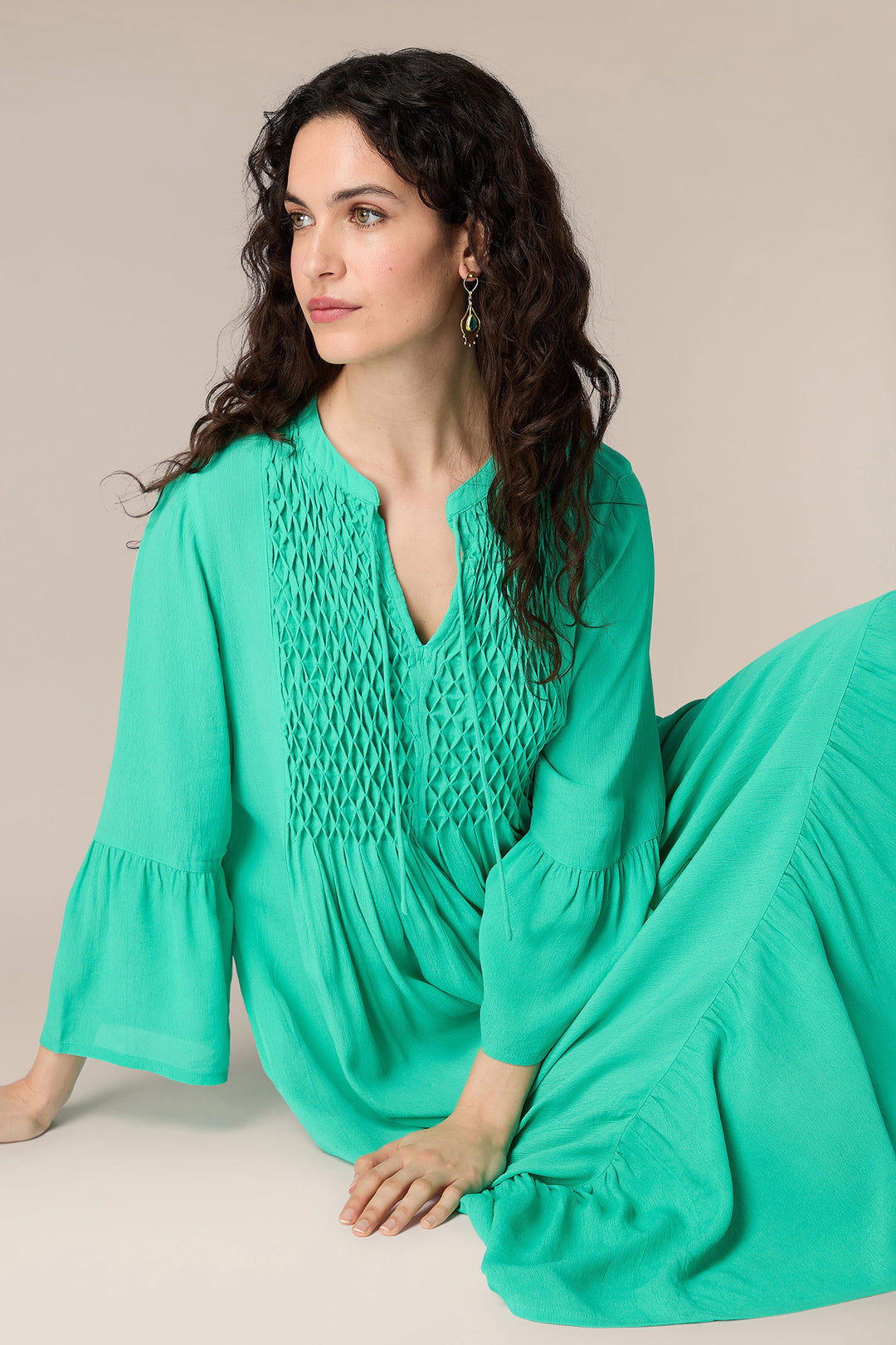 Sahara GRD 5581 MOD Emerald Green Morrocain Smocked Dress - Shirley Allum Boutique