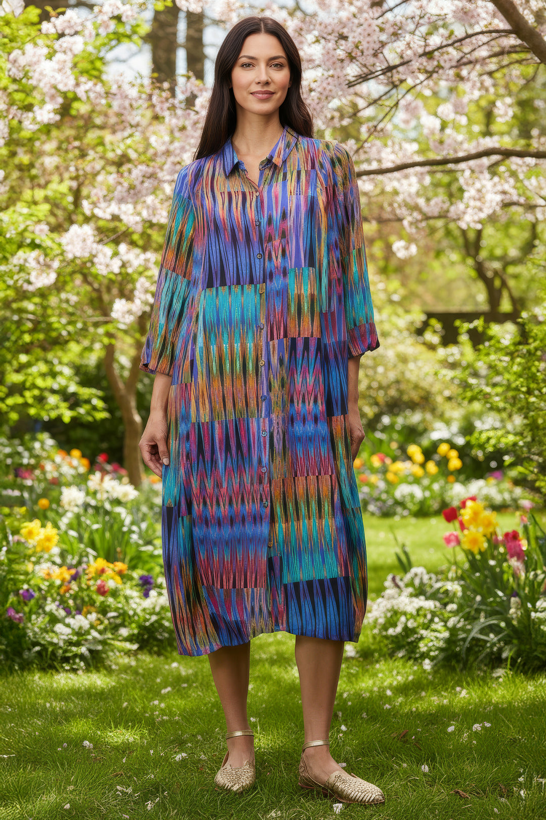 Sahara GRD6857 Multi-Coloured Vivid Ikat Patchwork Shirt Dress