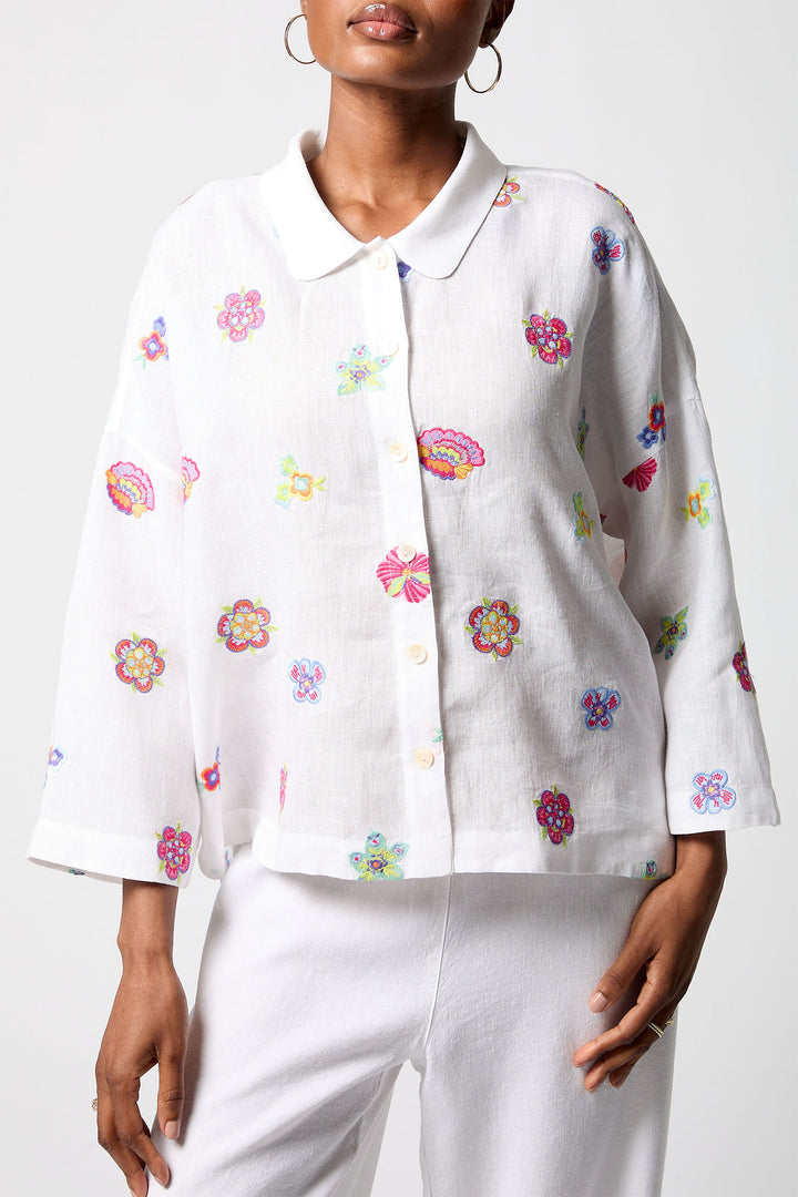 Sahara GRT5175-FLFE White Multi Floral Embroidery Boxy Shirt - Shirley Allum Boutique