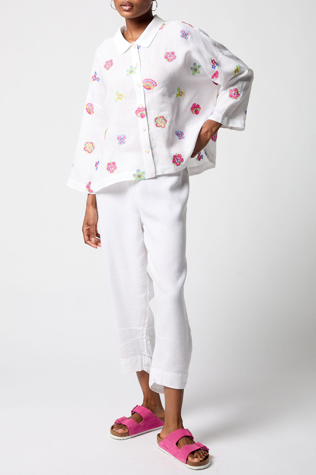 Sahara GRT5175-FLFE White Multi Floral Embroidery Boxy Shirt - Shirley Allum Boutique