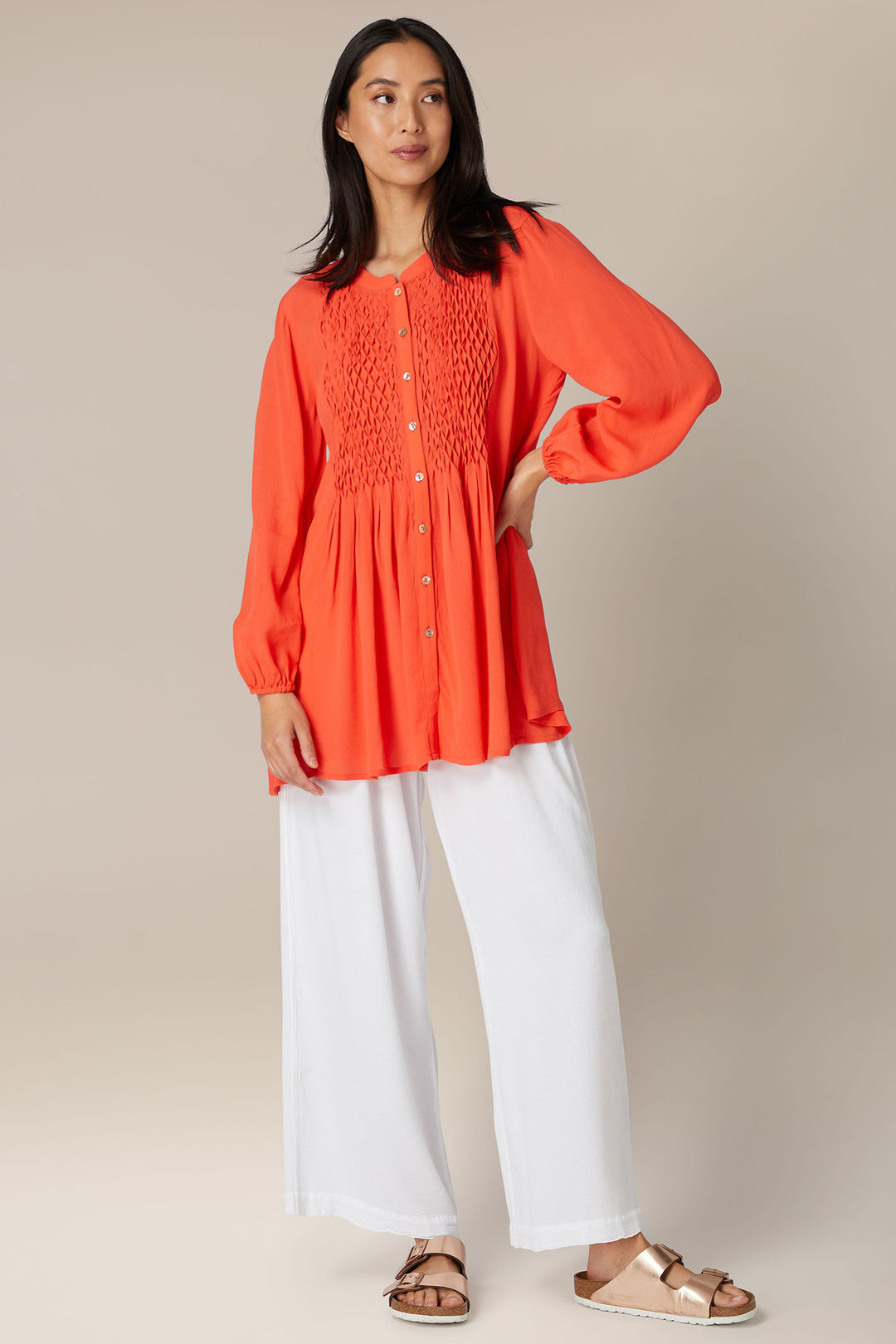 Sahara GRT5580 Morrocain Coral Smocked Shirt - Shirley Allum Boutique