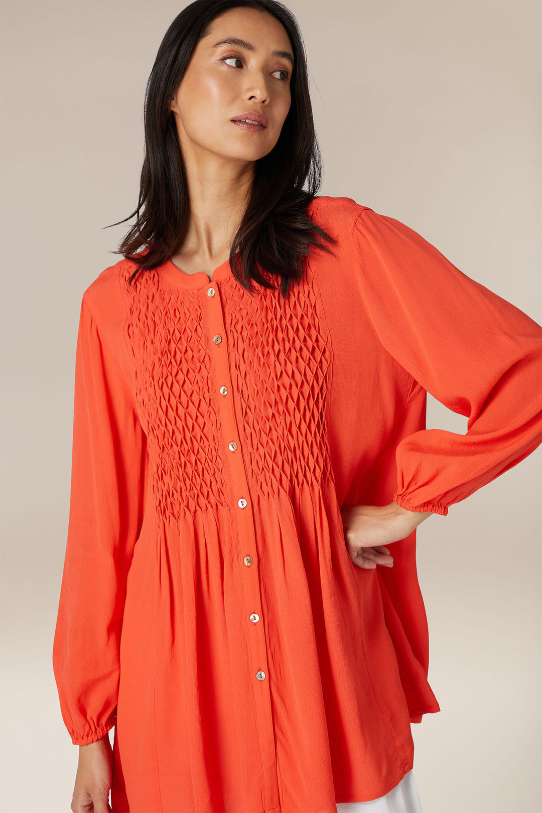 Sahara GRT5580 Morrocain Coral Smocked Shirt - Shirley Allum Boutique