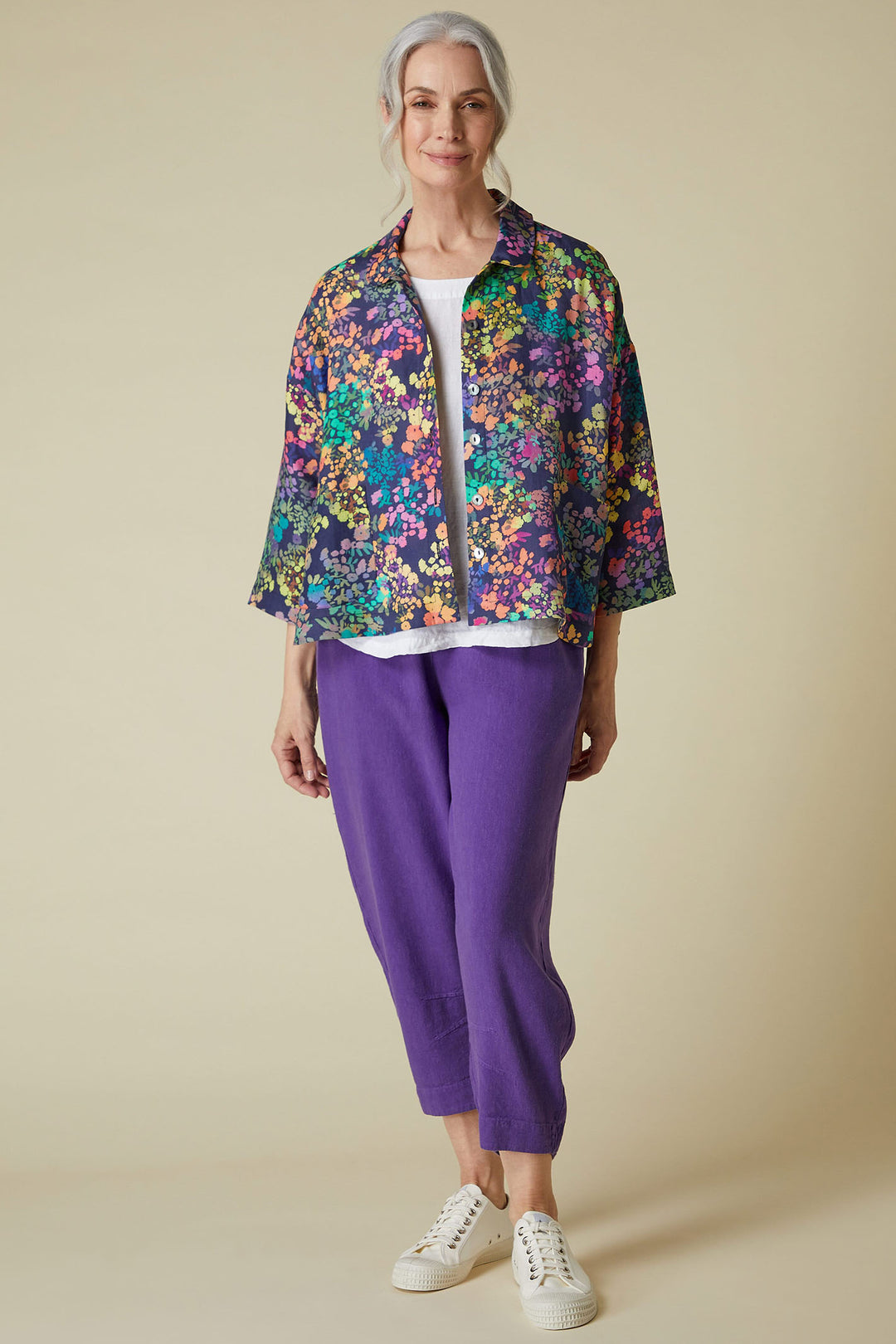 Sahara JFT5175-RSFL Navy Multicolour Scattered Floral Linen Shirt - Shirley Allum Boutique