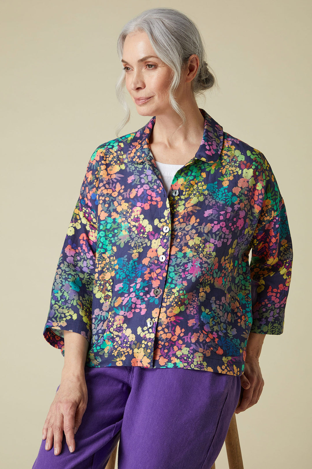 Sahara JFT5175-RSFL Navy Multicolour Scattered Floral Linen Shirt - Shirley Allum Boutique