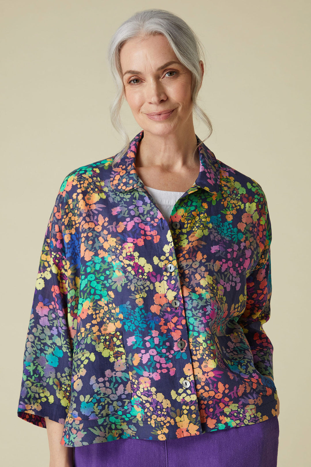 Sahara JFT5175-RSFL Navy Multicolour Scattered Floral Linen Shirt - Shirley Allum Boutique