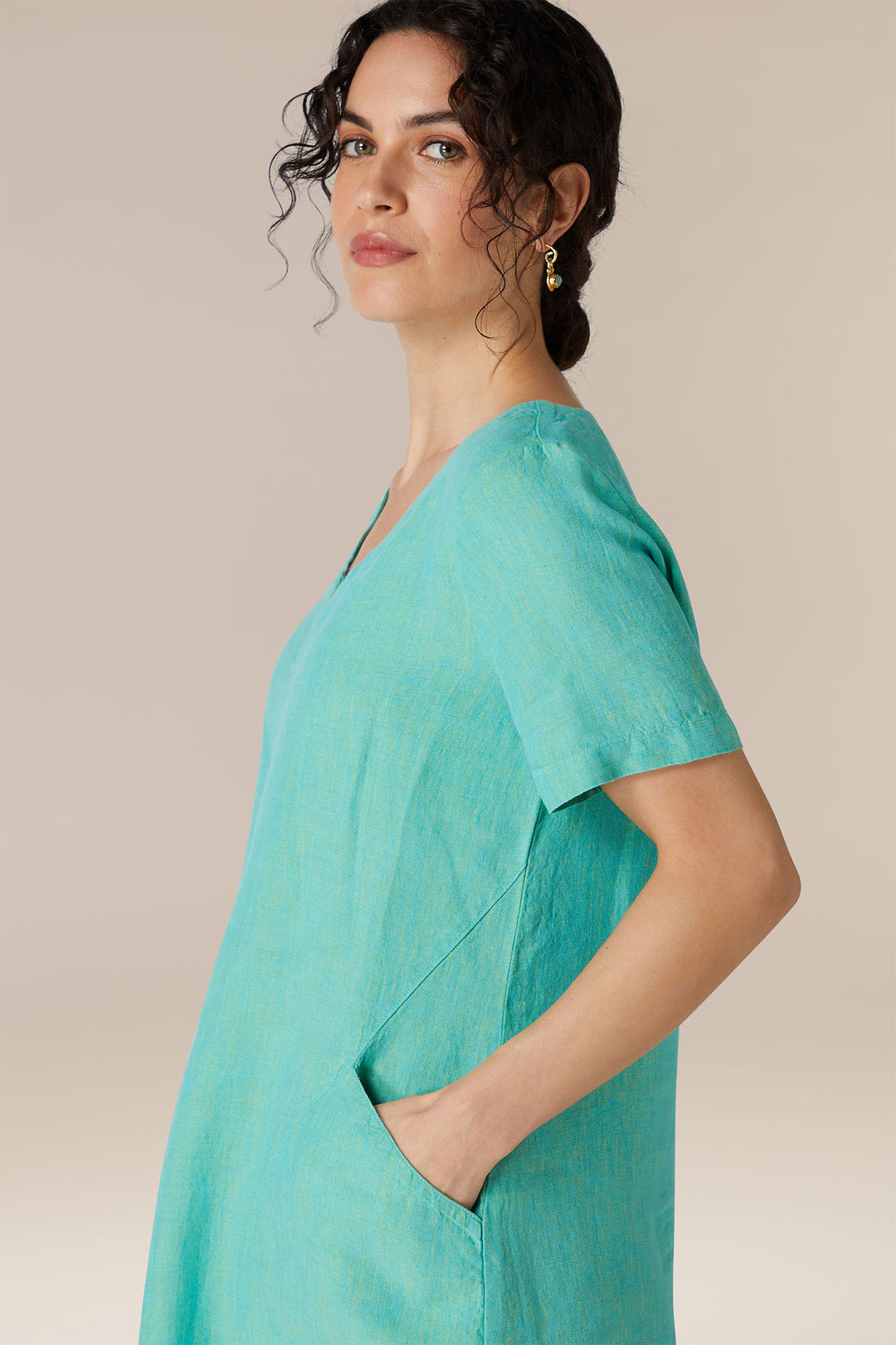 Sahara LAD360-NCD Green Aquamarine Cross Dye Pleat Front Linen Dress - Shirley Allum Boutique