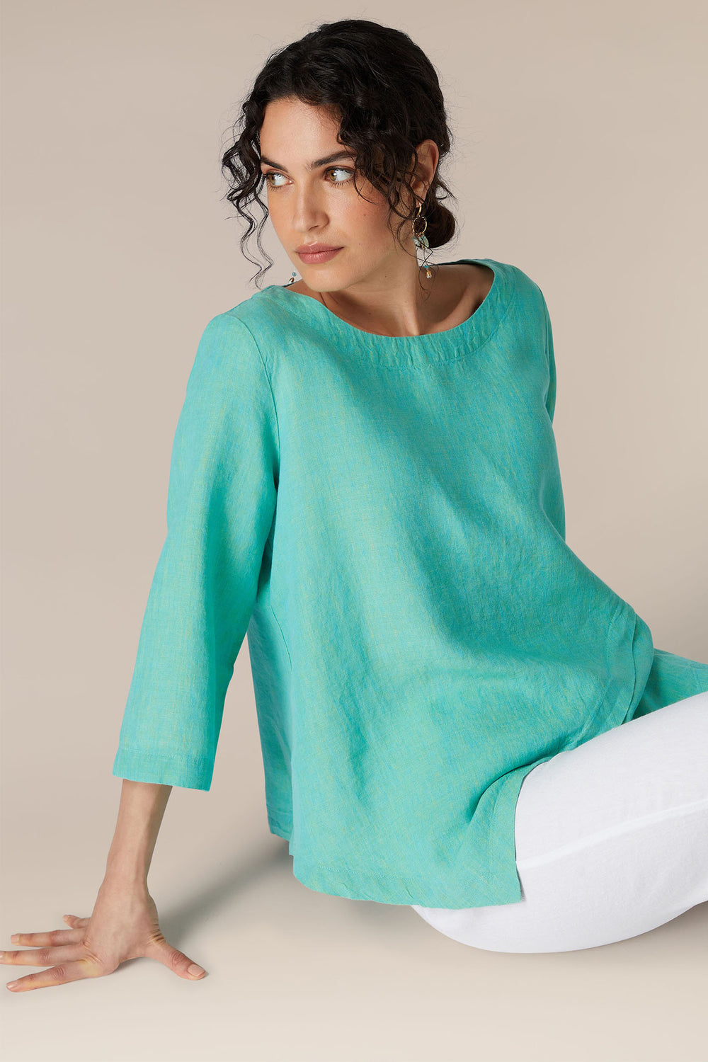 Sahara LAT5201-NCD Green Aquamarine Cross Dye Asymmetric Linen Tunic - Shirley Allum Boutique