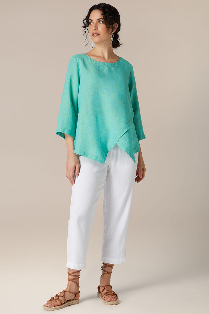 Sahara LAT5201-NCD Green Aquamarine Cross Dye Asymmetric Linen Tunic - Shirley Allum Boutique