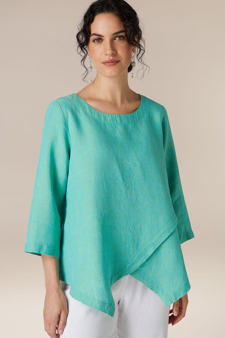 Sahara LAT5201-NCD Green Aquamarine Cross Dye Asymmetric Linen Tunic - Shirley Allum Boutique