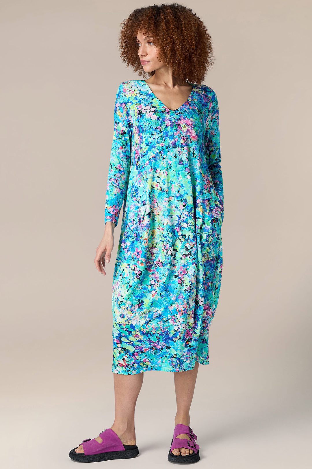 Sahara SPD 5247 SPD Blue Multicolour Spring Petal Burst Jersey Dress - Shirley Allum Boutique