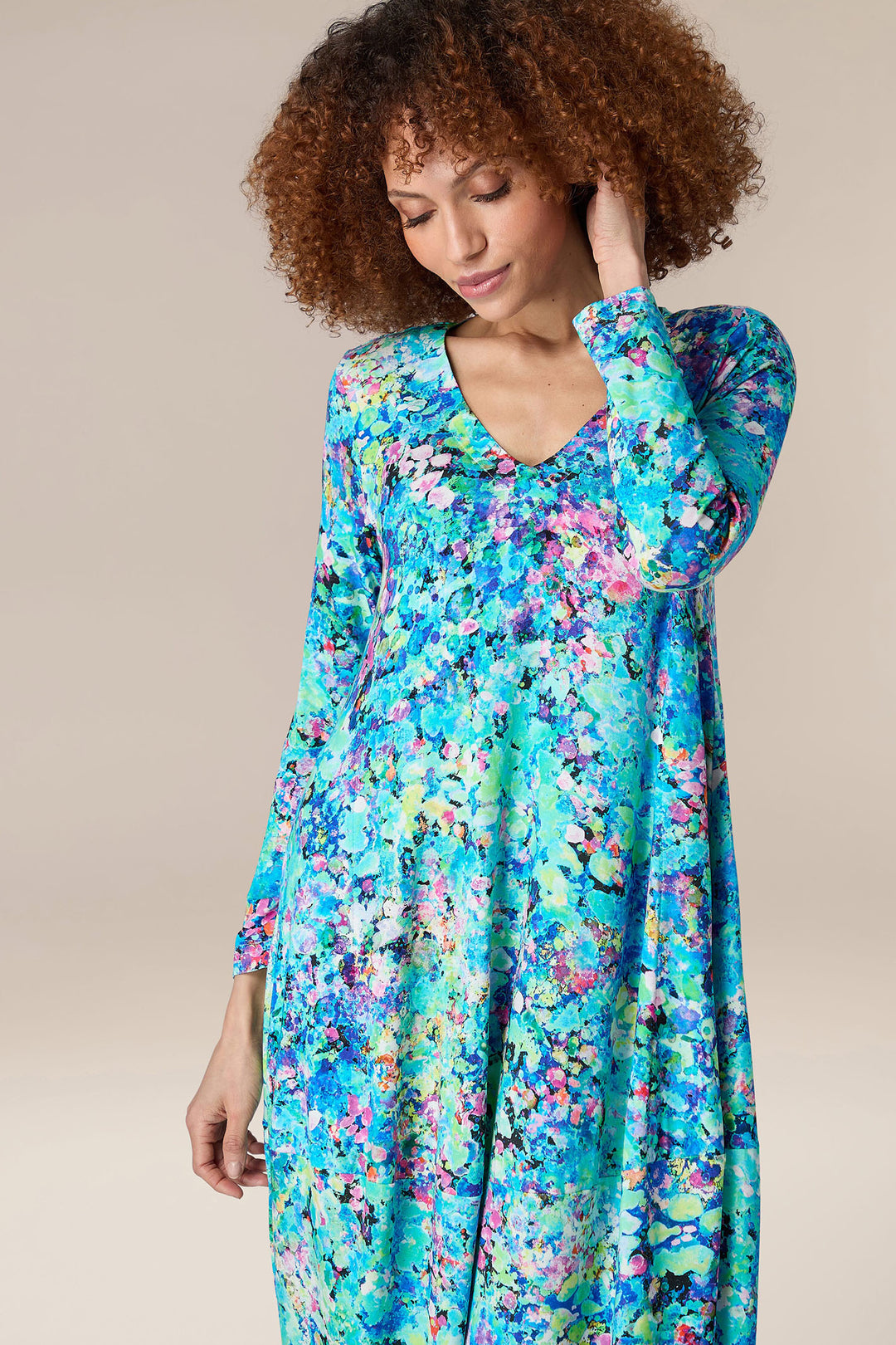 Sahara SPD 5247 SPD Blue Multicolour Spring Petal Burst Jersey Dress - Shirley Allum Boutique