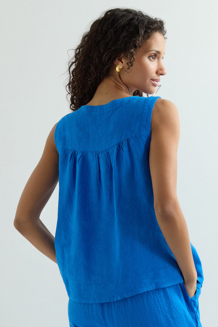 Sahara Vest Top Linen Pleat Front Sapphire Blue MTT6230-NFL - Shirley Allum Boutique