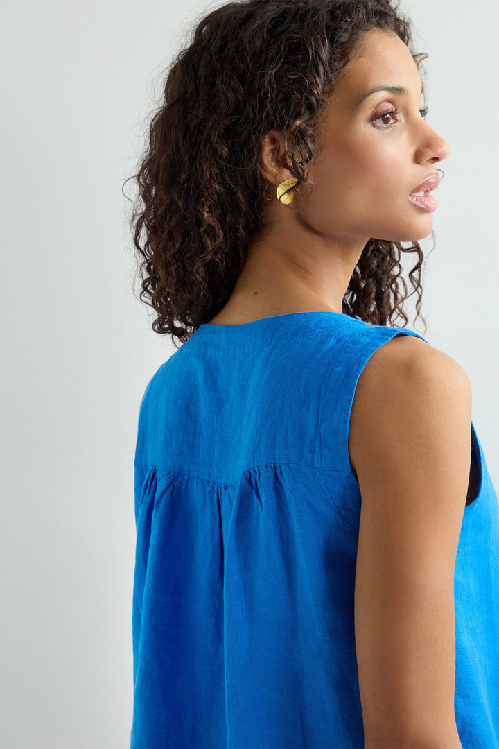 Sahara Vest Top Linen Pleat Front Sapphire Blue MTT6230-NFL - Shirley Allum Boutique