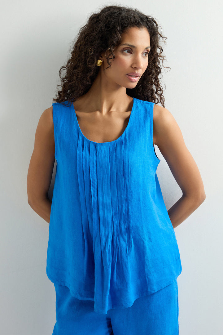 Sahara Vest Top Linen Pleat Front Sapphire Blue MTT6230-NFL - Shirley Allum Boutique