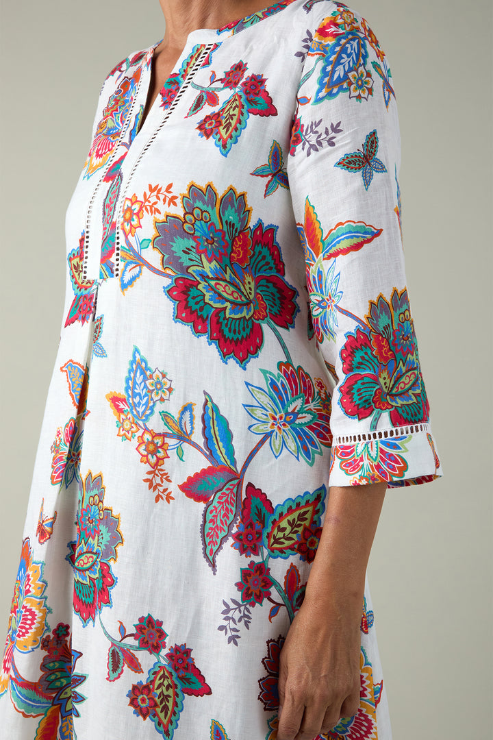 Sahara White Botanical Floral Linen Long Sleeved Dress GRD6839
