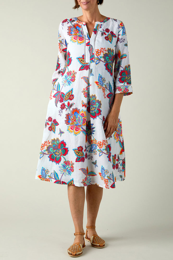 Sahara White Botanical Floral Linen Long Sleeved Dress GRD6839