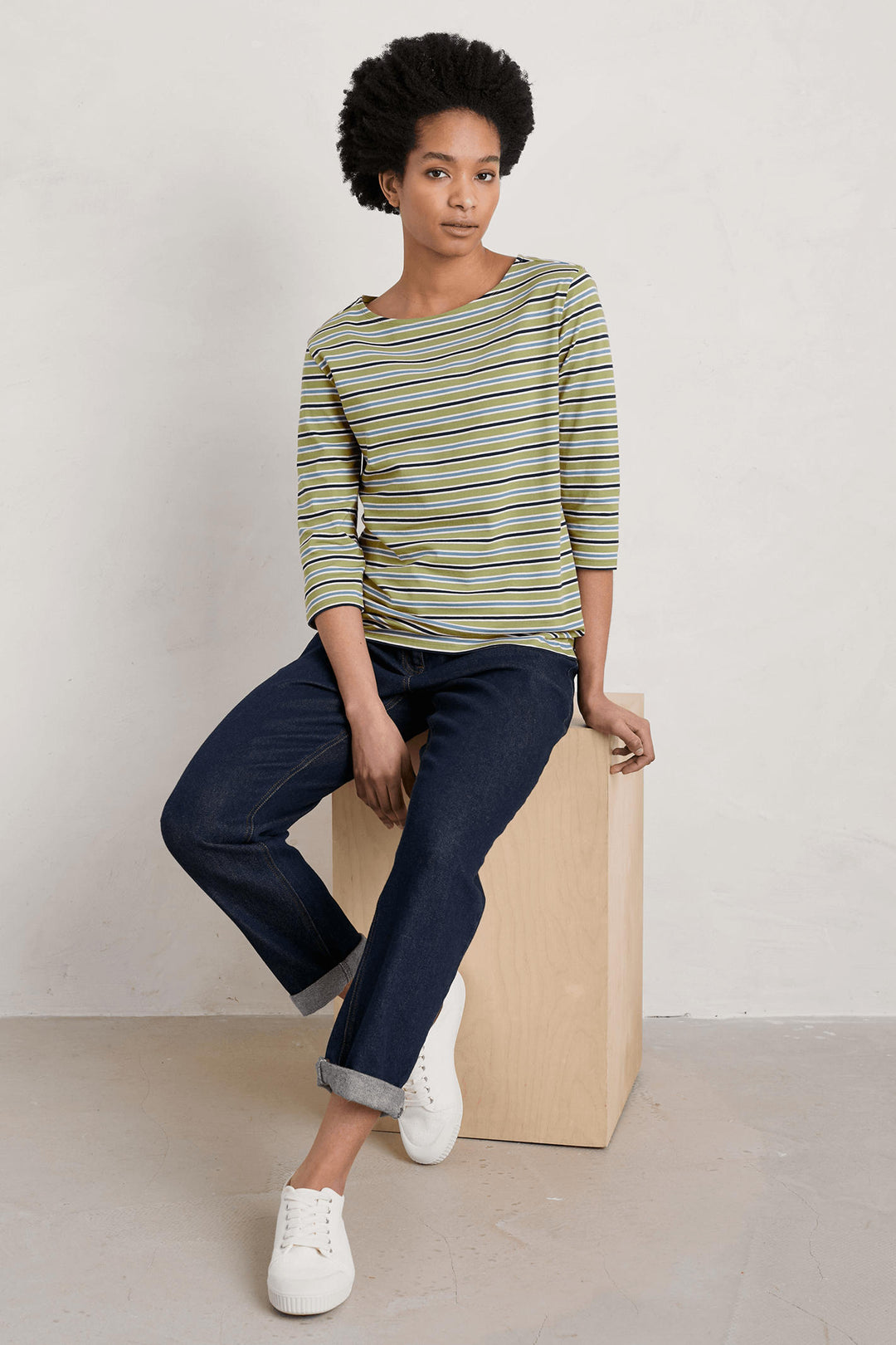 Seasalt 154 Sailor Odessa Green Gooseberry Tide Stripe Wide Neck Top - Shirley Allum Boutique