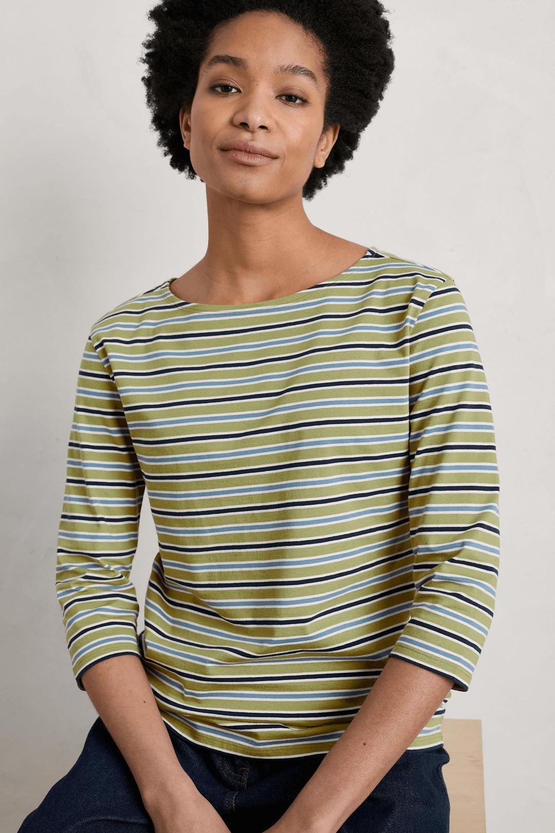 Seasalt 154 Sailor Odessa Green Gooseberry Tide Stripe Wide Neck Top - Shirley Allum Boutique