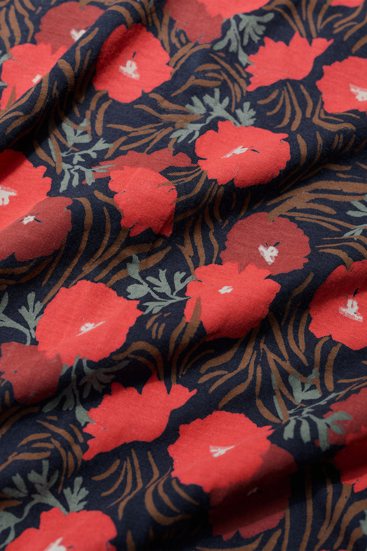 Navy blue fabric with red floral pattern