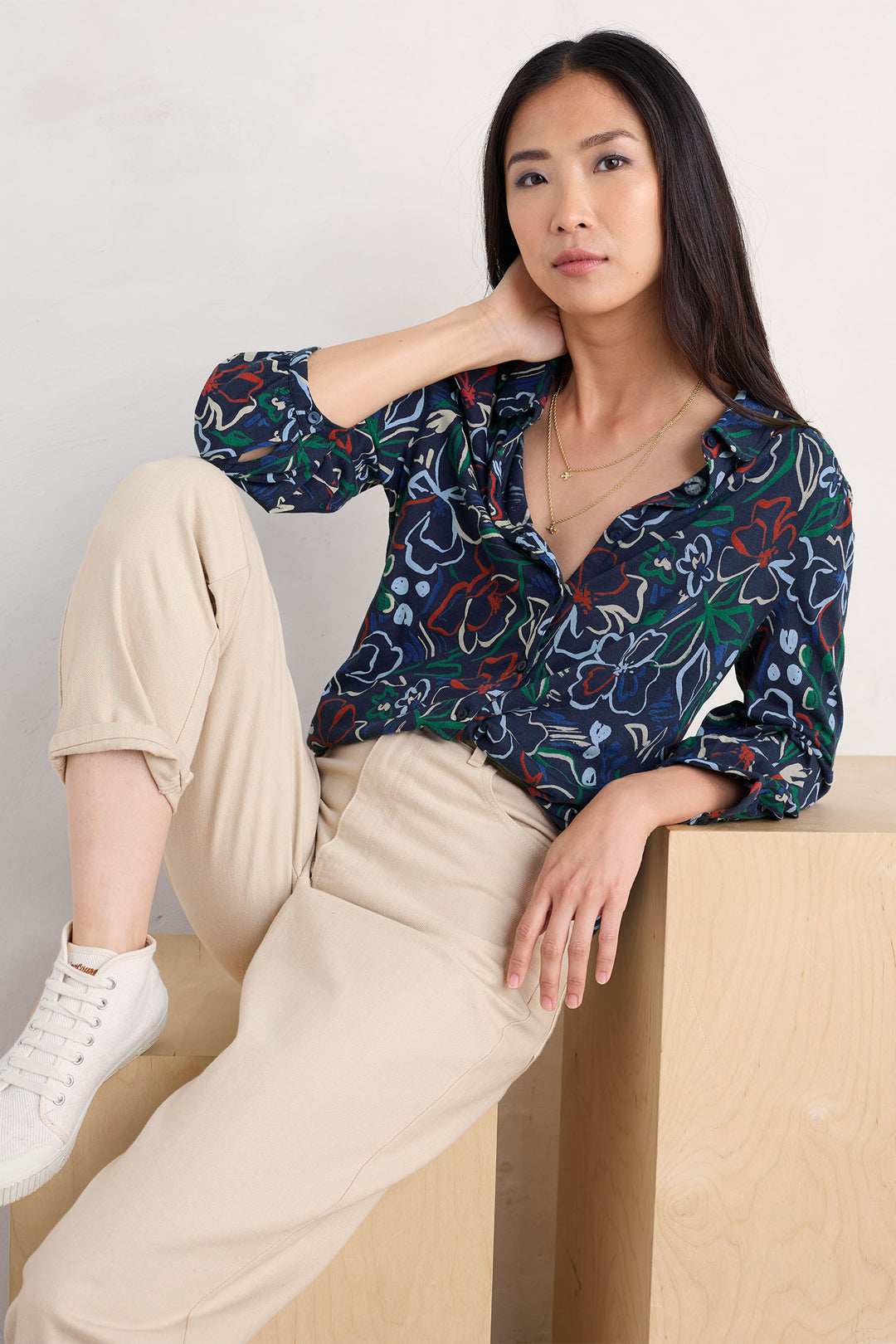 Seasalt 3/4 Embrace Shirt Painters Garden Mix Navy Multicolour - Shirley Allum Boutique