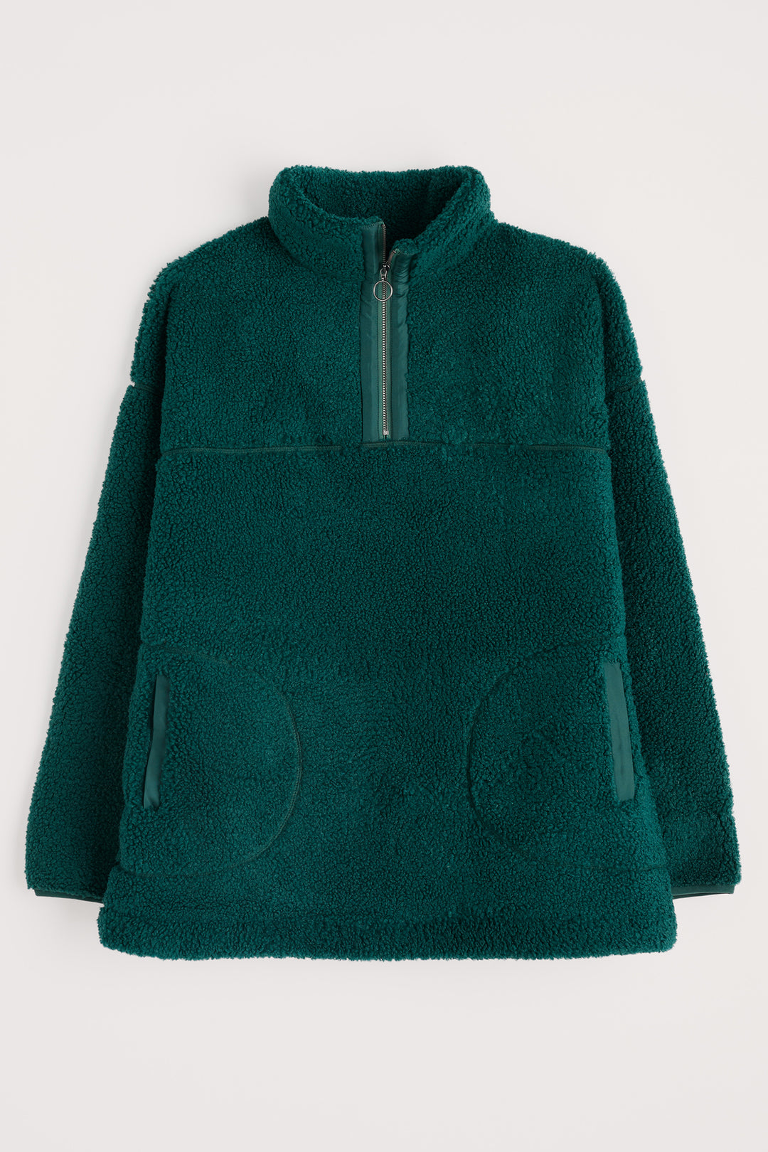 Green fleece pullover with a quarter zip on a white background