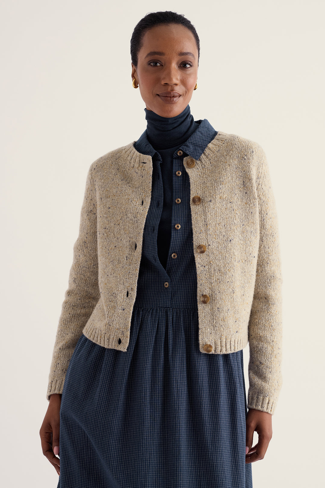 Seasalt Cornwall Dawson Pick Birch Beige Merino Cardigan, front view on model