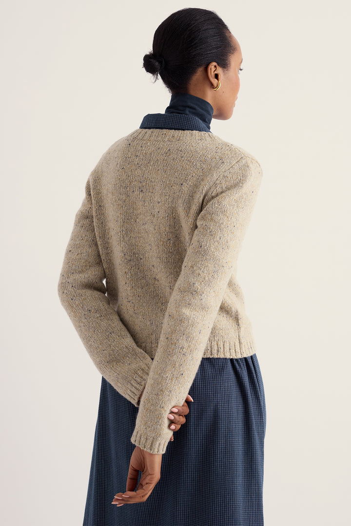 Seasalt Cornwall Dawson Pick Birch Beige Merino Cardigan, back view on model