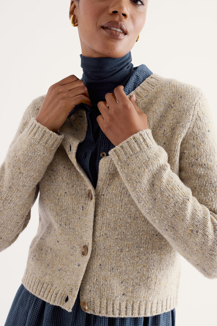 Seasalt Cornwall Dawson Pick Birch Beige Merino Cardigan, collar and buttons on model