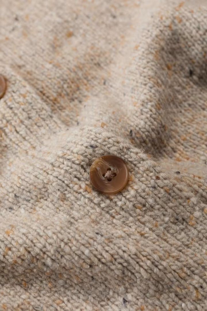 Seasalt Cornwall Dawson Pick Birch Beige Merino Cardigan, flecked knit and button close up