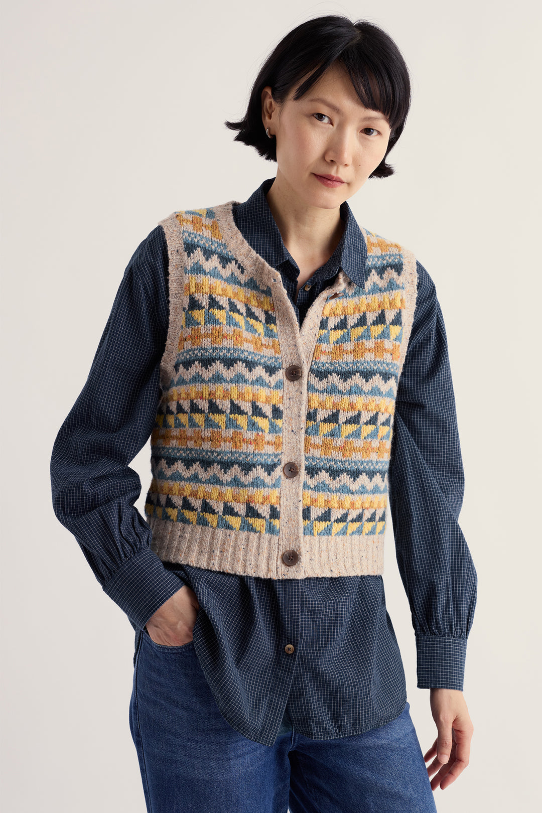 Seasalt Cornwall Dawson Pick Fairisle Zig Zag Geo Bright Marine Mix Multicolour Vest, front view on model