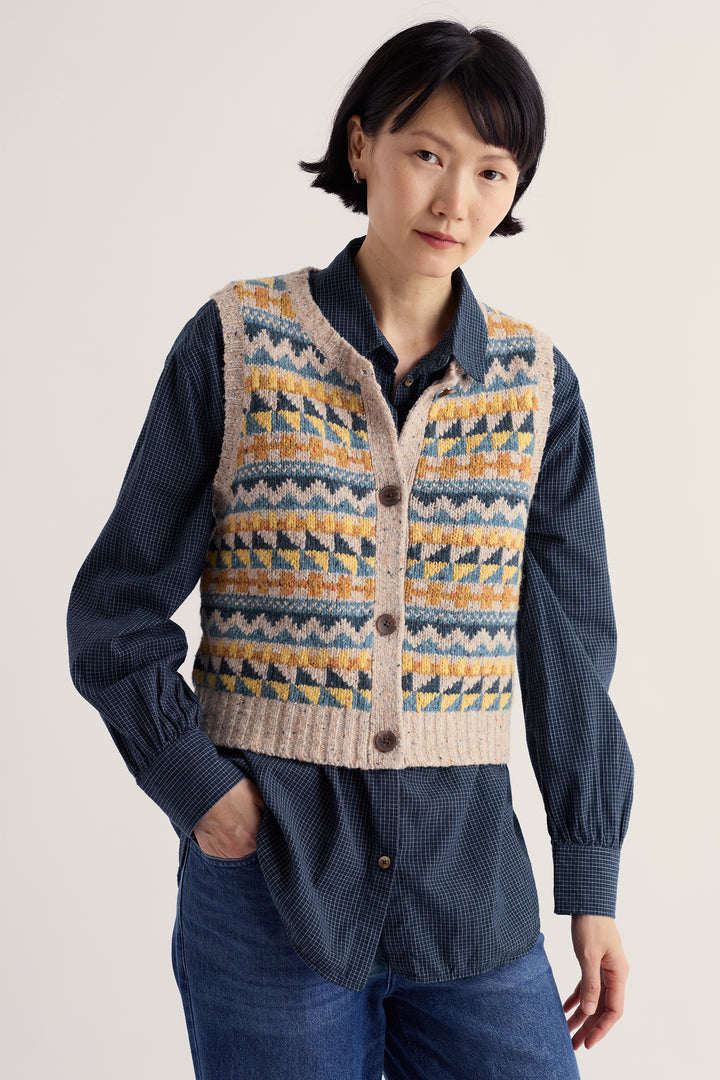 Seasalt Cornwall Dawson Pick Fairisle Zig Zag Geo Bright Marine Mix Multicolour Vest, front view on model