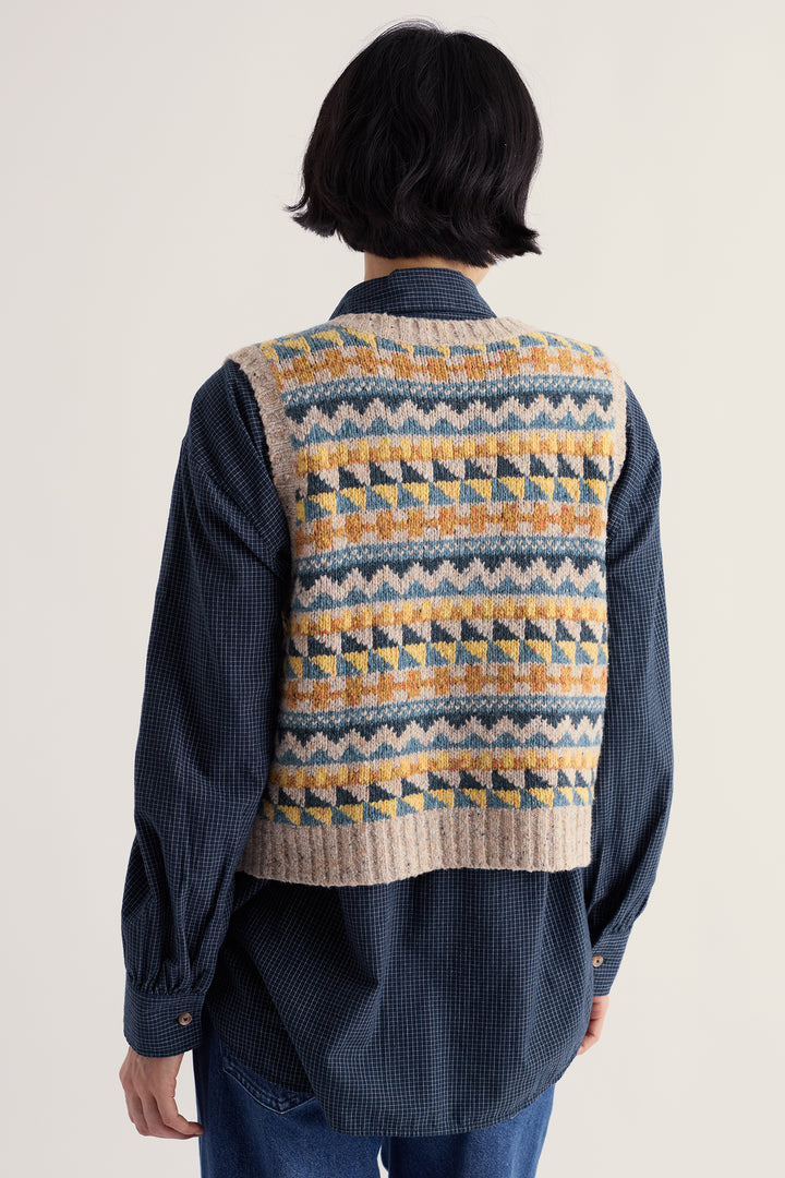 Seasalt Cornwall Dawson Pick Fairisle Zig Zag Geo Bright Marine Mix Multicolour Vest, back view on model