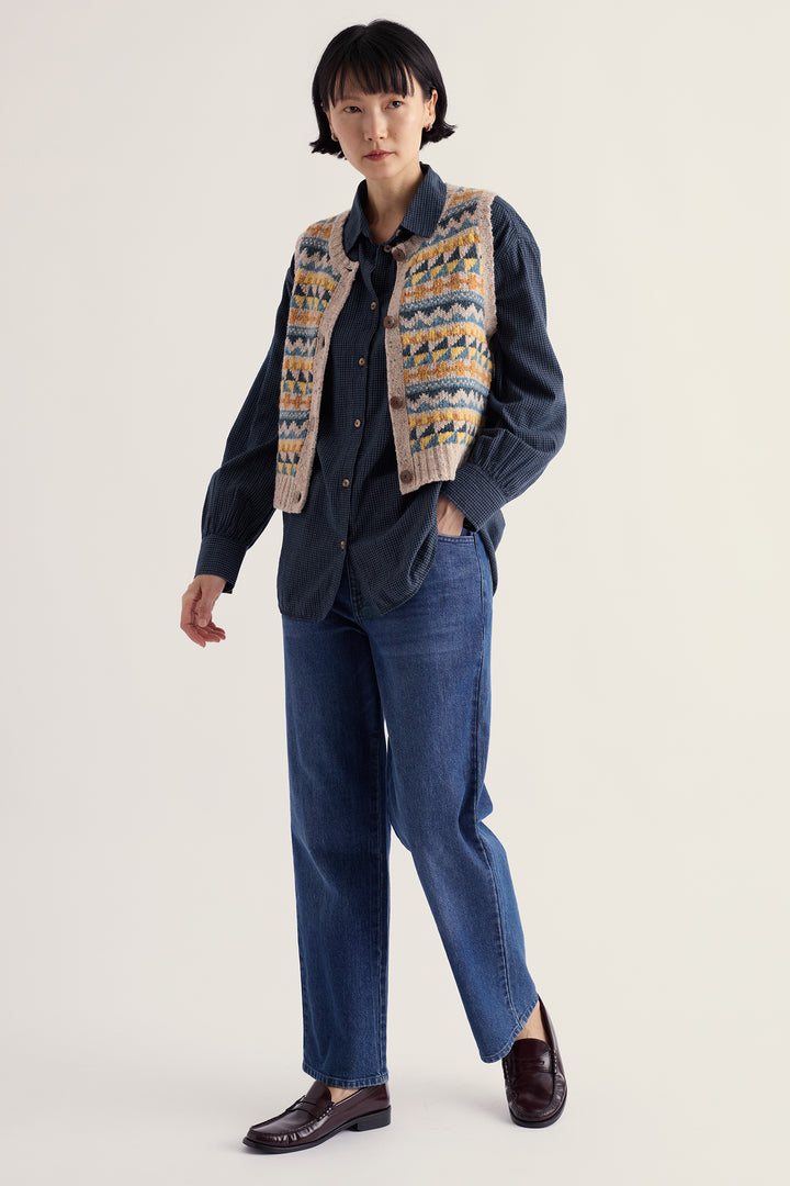 Seasalt Cornwall Dawson Pick Fairisle Zig Zag Geo Bright Marine Mix Multicolour Vest, full length on model