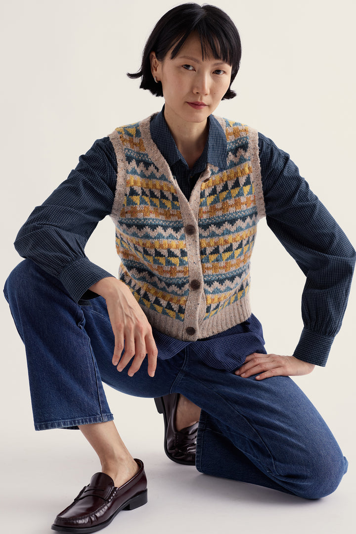 Seasalt Cornwall Dawson Pick Fairisle Zig Zag Geo Bright Marine Mix Multicolour Vest, styled on model