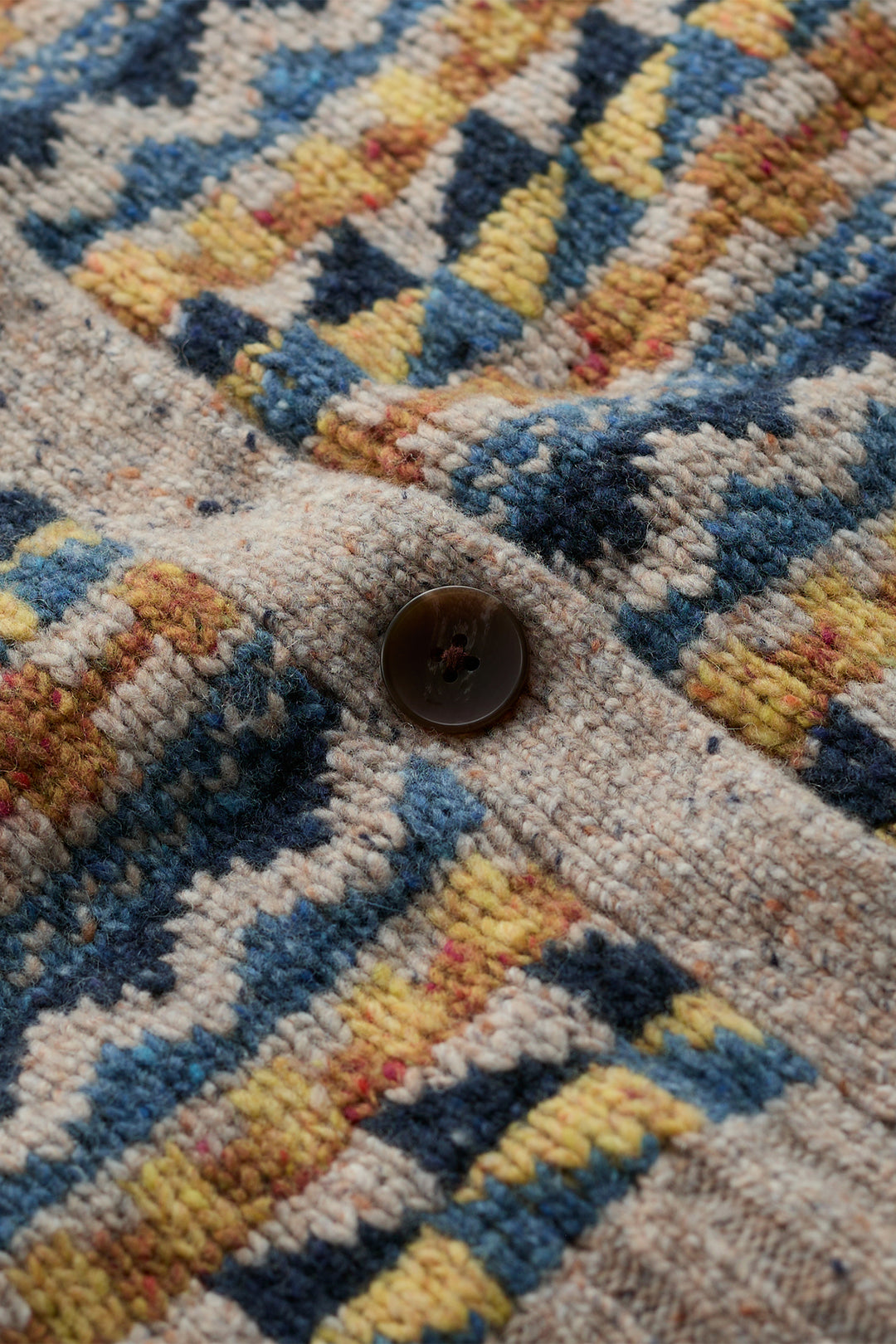 Seasalt Cornwall Dawson Pick Fairisle Zig Zag Geo Bright Marine Mix Multicolour Vest, knit and button close up