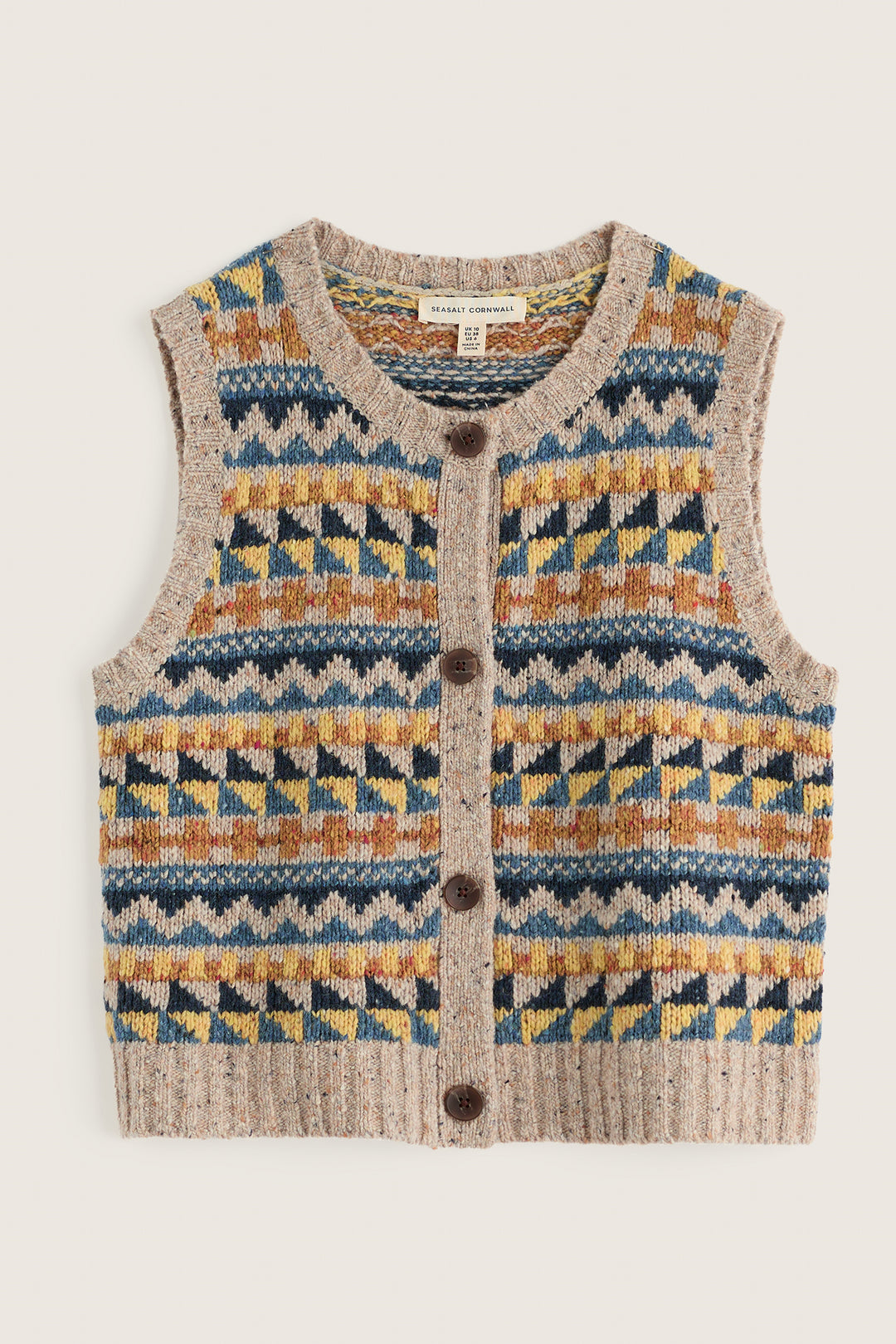 Seasalt Cornwall Dawson Pick Fairisle Zig Zag Geo Bright Marine Mix Multicolour Vest, vest shown flat