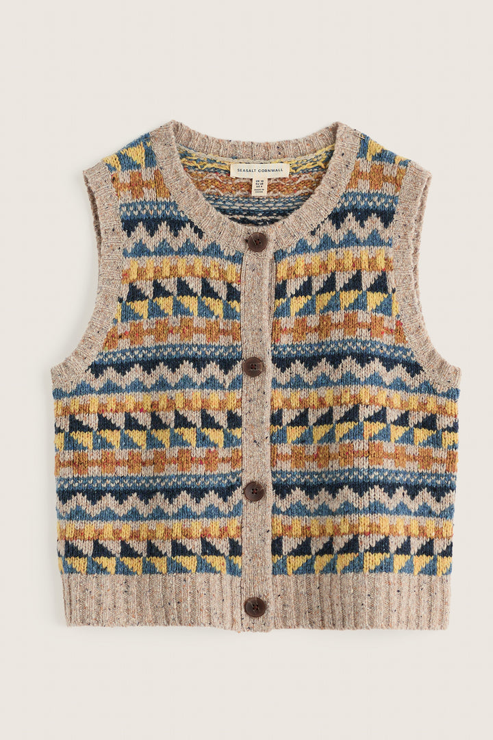Seasalt Cornwall Dawson Pick Fairisle Zig Zag Geo Bright Marine Mix Multicolour Vest, vest shown flat