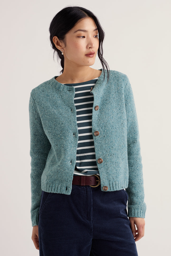 Seasalt Cornwall Dawson Pick Lichen Green Merino Cardigan, front view on model