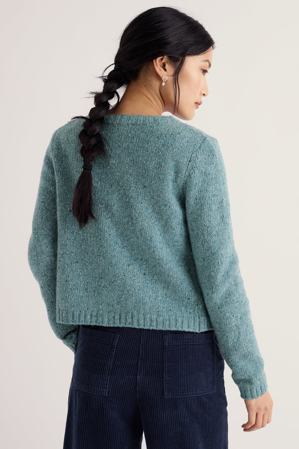 Seasalt Cornwall Dawson Pick Lichen Green Merino Cardigan, back view on model