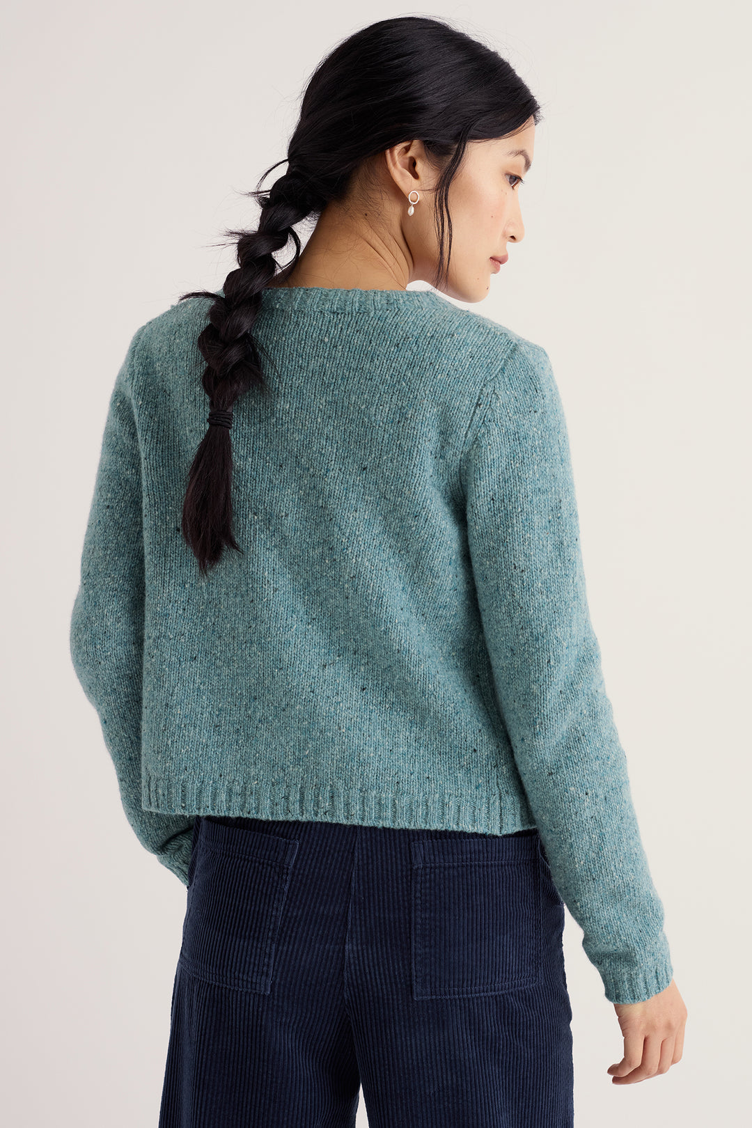 Seasalt Cornwall Dawson Pick Lichen Green Merino Cardigan, back view on model