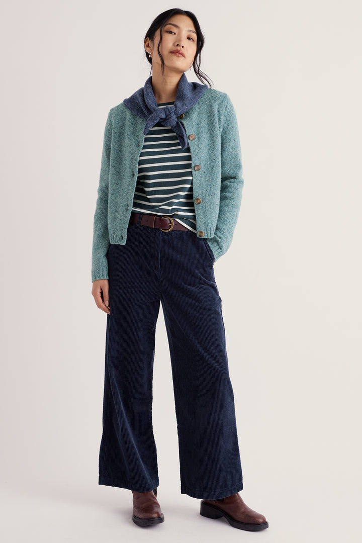 Seasalt Cornwall Dawson Pick Lichen Green Merino Cardigan, full length on model