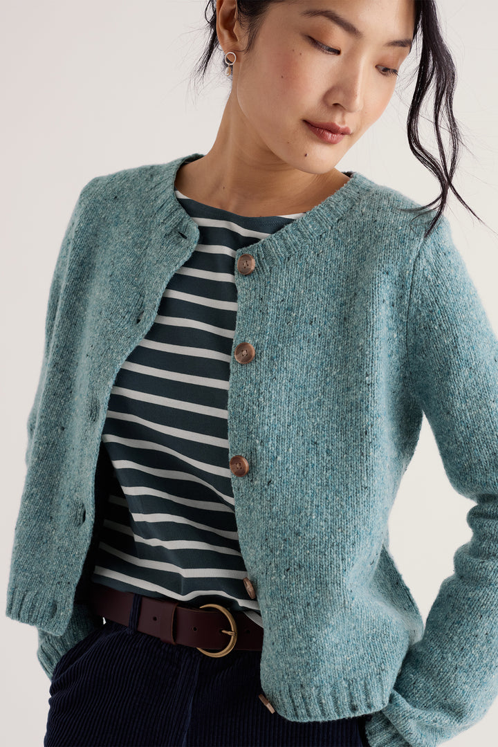 Seasalt Cornwall Dawson Pick Lichen Green Merino Cardigan, buttons and neckline on model
