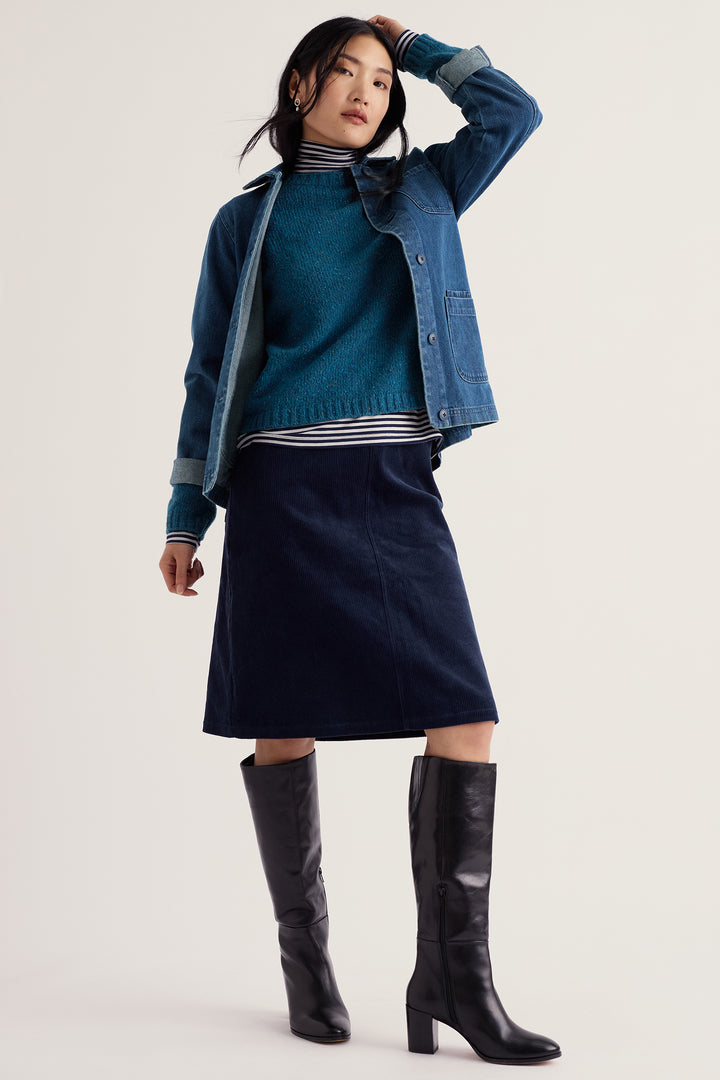 Seasalt Cornwall Dawson Pick Raincloud Blue Jumper, full length on model