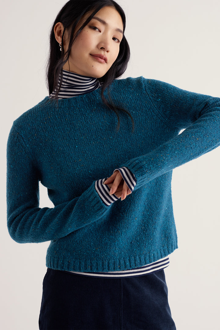 Seasalt Cornwall Dawson Pick Raincloud Blue Jumper, sleeve and hem detail on model