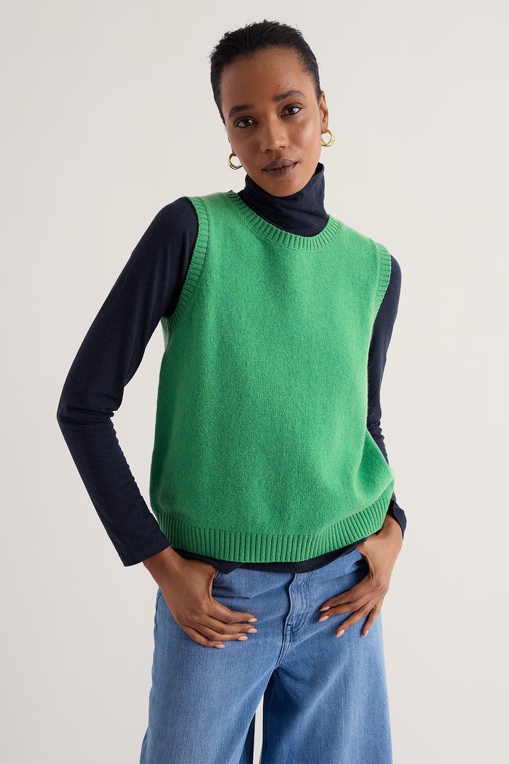 Seasalt Cornwall East View Pea Pod Green Merino Vest WM41086 38442, styled over a shirt